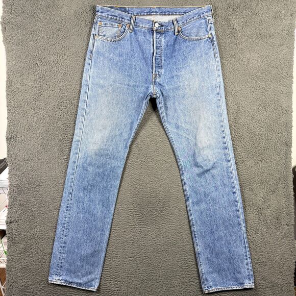 Levis 501 Jeans Mens 36x36 Blue Straight Fit Button Fly Light Wash Denim Pants - Picture 1 of 16